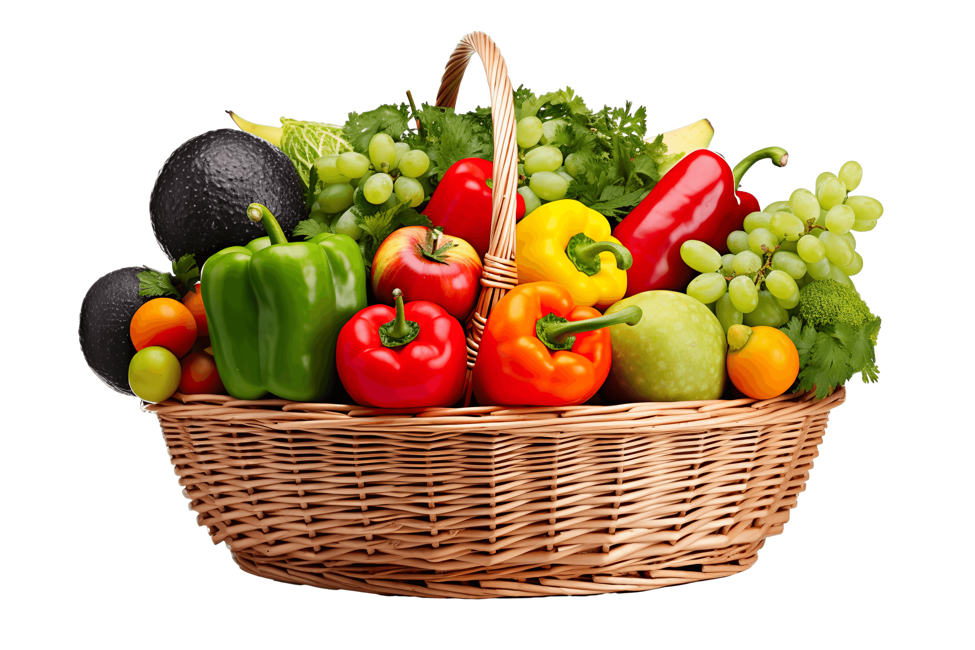 A wicker basket overflowing with fresh produce — bell peppers, grapes, apples, avocados, and leafy greens.