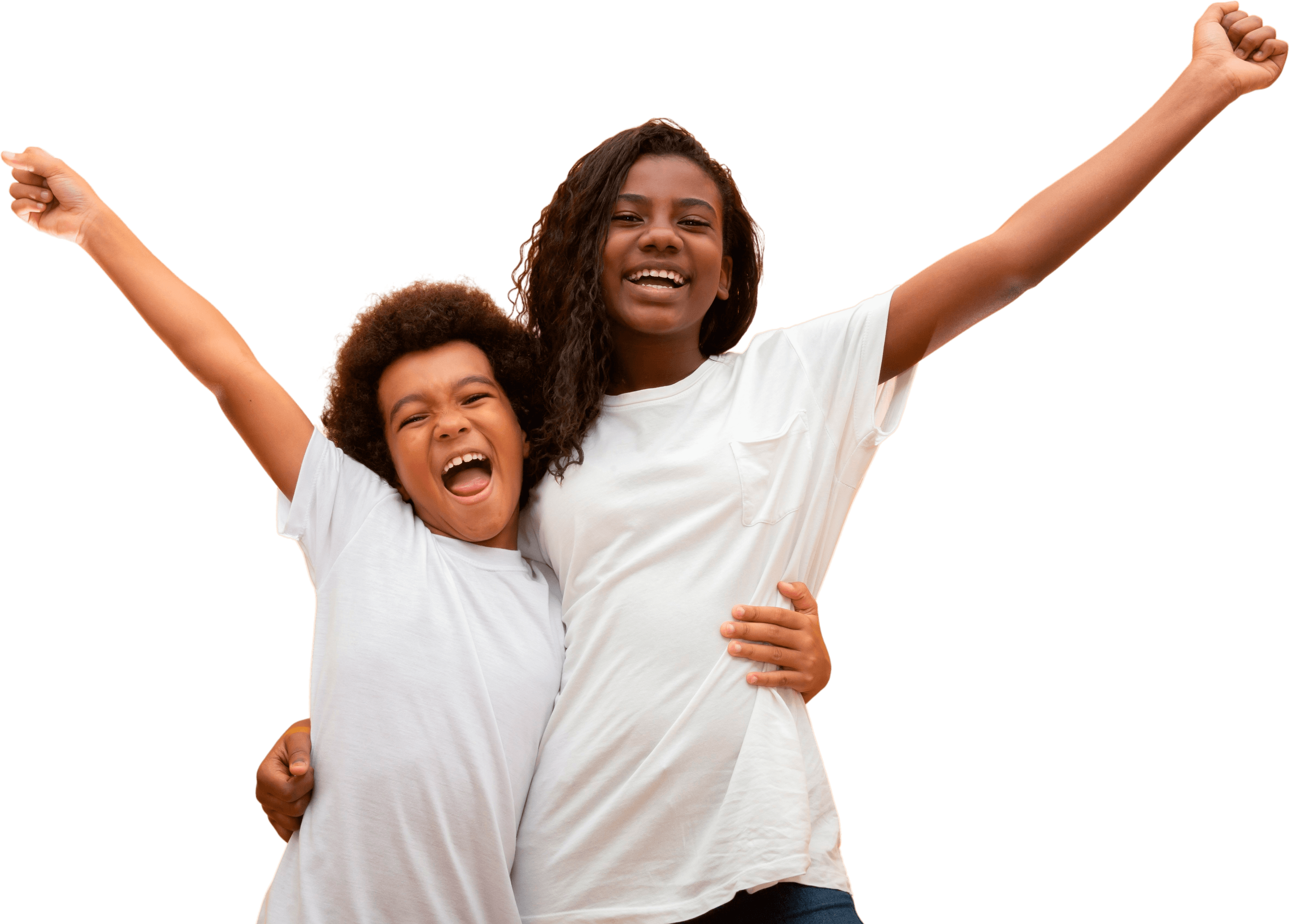 A teenage girl and a younger boy cheer side by side with their arms raised high.
